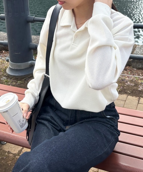 ISOOK（アイスー）の「【ISOOK / アイスー】オーバーサイズポロニット / ポロシャツ ルーズ ビックシルエット 長袖 ユニセックス 春ニット グレー アイボリー ネイビー ZOZOTOWN限定（ポロシャツ・レディース・ネイビー/アイボリー/グレー・FREE）」の14枚目の写真