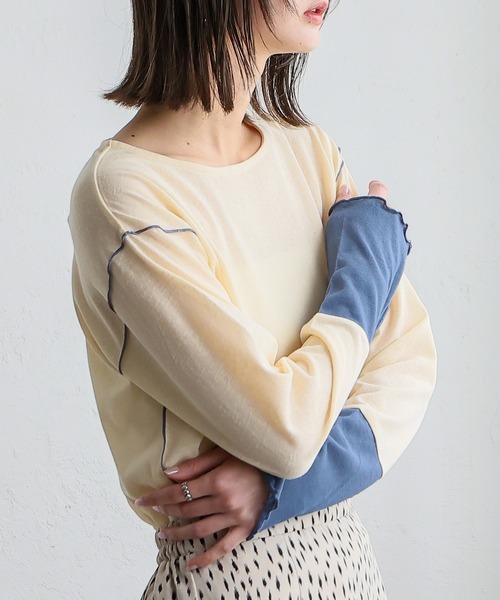 VitaFelice（ヴィータフェリーチェ）の「袖配色　切替　シアーシャツ　メロートップス　プルオーバー　カットソー（Tシャツ/カットソー・レディース・ホワイト系1/ホワイト系2/ブラック系・FREE）」の3枚目の写真