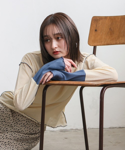 VitaFelice（ヴィータフェリーチェ）の「袖配色　切替　シアーシャツ　メロートップス　プルオーバー　カットソー（Tシャツ/カットソー・レディース・ホワイト系1/ホワイト系2/ブラック系・FREE）」の8枚目の写真