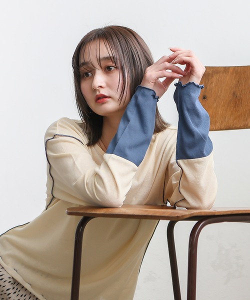 VitaFelice（ヴィータフェリーチェ）の「袖配色　切替　シアーシャツ　メロートップス　プルオーバー　カットソー（Tシャツ/カットソー・レディース・ホワイト系1/ホワイト系2/ブラック系・FREE）」の9枚目の写真