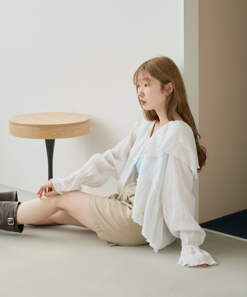 Kastane(カスタネ)の「【新色追加】メッシュフリルブラウス(シャツ/ブラウス・レディース・ブラック/ホワイト/アイボリー/ネイビー・FREE)」の8枚目の写真