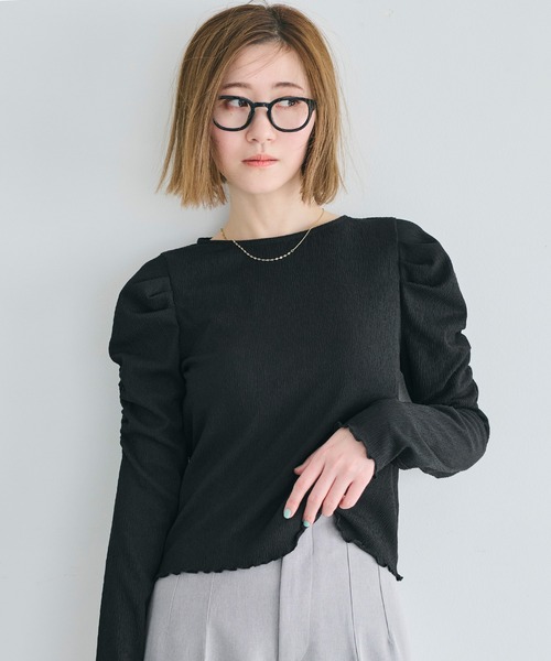 coca（coca）（コカ）の「クレープシャーリングパフスリーブトップス（Tシャツ/カットソー・レディース・アイボリー/ブラック/B/A/C/D/ドット/チャコール/グレイッシュベージュ・S/L/M）」の3枚目の写真