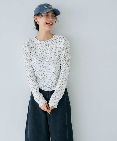 garlish クレープカットソー黒 クレープシャーリングパフスリーブトップス レディース メール便
