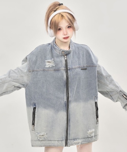 Sibra(シブラ)の「クラッシュオーバーデニムジャケット(デニムジャケット・レディース・ブルー・M)」の2枚目の写真