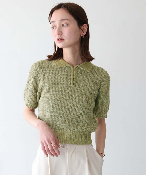 clel ダメージ半袖ニットポロ　クレイル CLEL】Chain Crochet Design Damaged Short Sleeve Knitted Polo