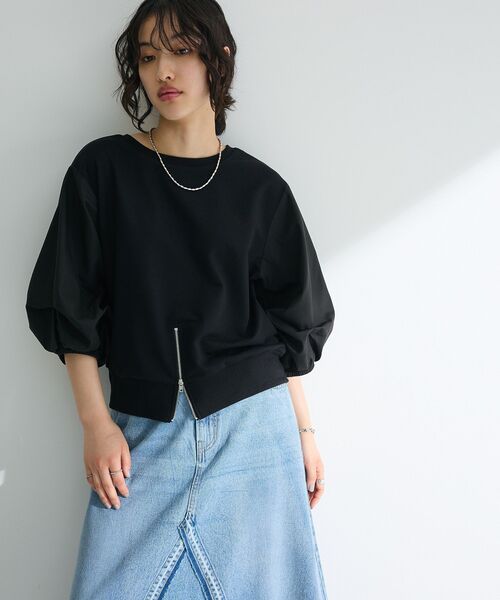 Green　Parks（グリーンパークス）の「2WAY7分袖タック裾ZIPプルオーバー（Tシャツ/カットソー・レディース・ブラック/アイボリー/ライトベージュ/ブルー・FREE）」の9枚目の写真