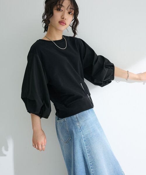 Green　Parks（グリーンパークス）の「2WAY7分袖タック裾ZIPプルオーバー（Tシャツ/カットソー・レディース・ブラック/アイボリー/ライトベージュ/ブルー・FREE）」の10枚目の写真