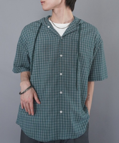 SPINNS(スピンズ)の「チェックシャツパーカー/半袖(シャツ/ブラウス・メンズ・ネイビー/グリーン/ホワイト/グレー/ブラック・ONESIZE)」の1枚目の写真