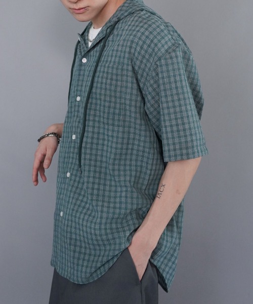 SPINNS(スピンズ)の「チェックシャツパーカー/半袖(シャツ/ブラウス・メンズ・ネイビー/グリーン/ホワイト/グレー/ブラック・ONESIZE)」の21枚目の写真