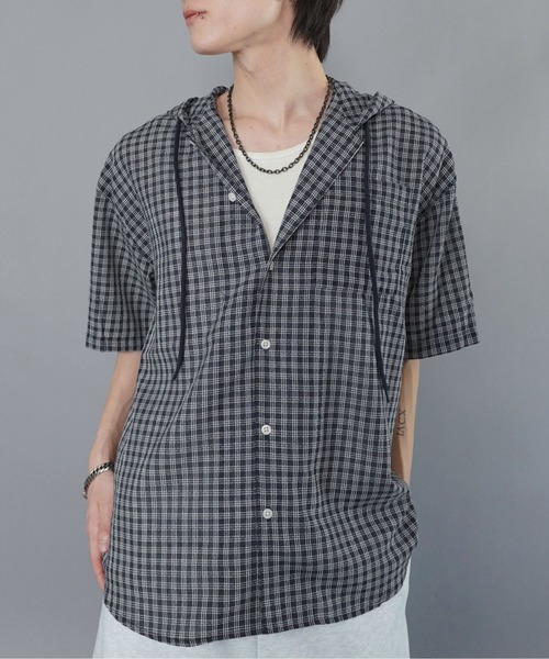 SPINNS(スピンズ)の「チェックシャツパーカー/半袖(シャツ/ブラウス・メンズ・ネイビー/グリーン/ホワイト/グレー/ブラック・ONESIZE)」の11枚目の写真