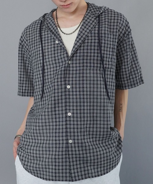 SPINNS(スピンズ)の「チェックシャツパーカー/半袖(シャツ/ブラウス・メンズ・ネイビー/グリーン/ホワイト/グレー/ブラック・ONESIZE)」の12枚目の写真