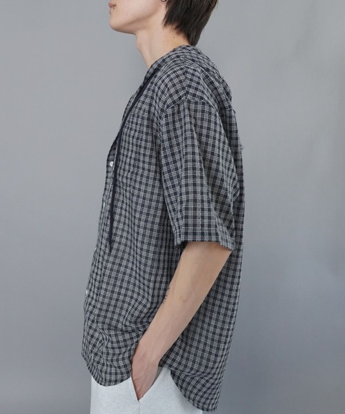 SPINNS(スピンズ)の「チェックシャツパーカー/半袖(シャツ/ブラウス・メンズ・ネイビー/グリーン/ホワイト/グレー/ブラック・ONESIZE)」の13枚目の写真