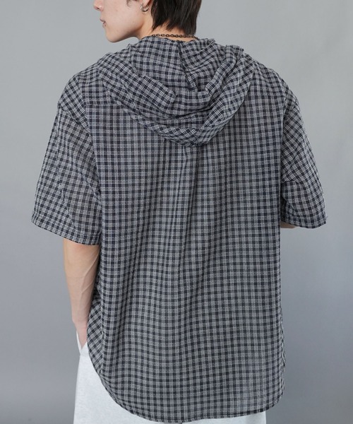 SPINNS(スピンズ)の「チェックシャツパーカー/半袖(シャツ/ブラウス・メンズ・ネイビー/グリーン/ホワイト/グレー/ブラック・ONESIZE)」の14枚目の写真