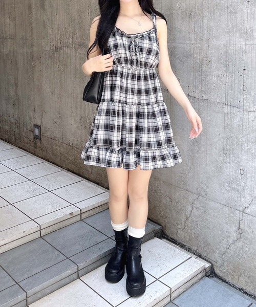 チェック柄ミニキャミティアードワンピース（ワンピース）｜INGNI