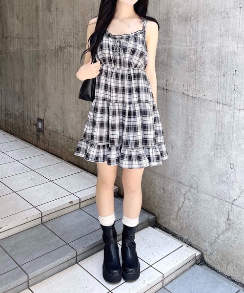 チェック柄ミニキャミティアードワンピース（ワンピース