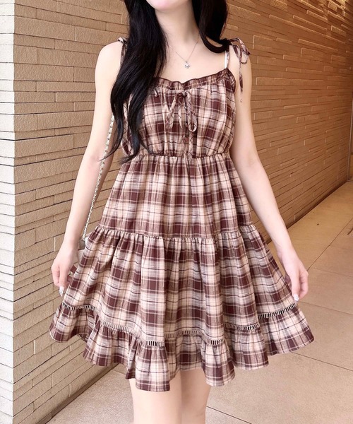 sunsetpark チェック柄ティアードミニワンピース セール】チェック柄ミニキャミティアードワンピース（ワンピース
