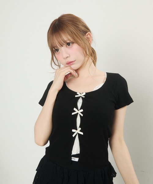 セール】レースレイヤードリボンリブトップス（Tシャツ