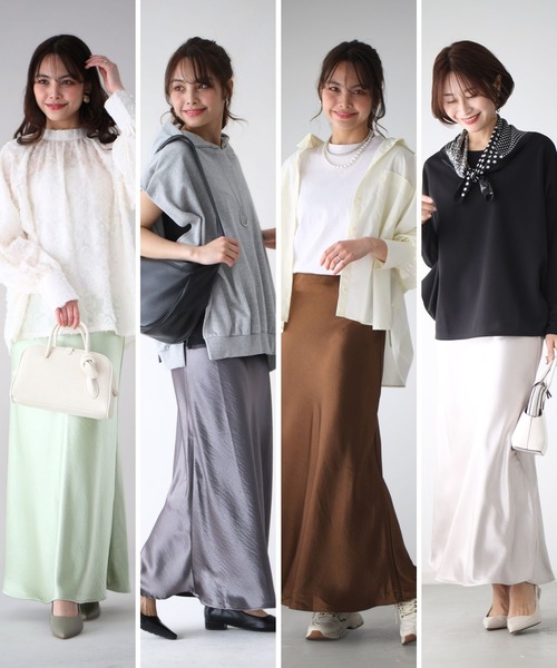 Ehre style（エーレスタイル）の「華やかアップ！ 上品な艶スカート 着回し術（スカート・レディース・アイボリー/モカ/グリーン/グレー・M/L）」の18枚目の写真