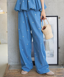 刺繍ワイドデニムパンツ