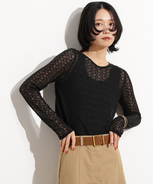N.（N. Natural Beauty Basic）（エヌエヌナチュラルビューティーベーシック）の「クルーネックレースカットソー（Tシャツ/カットソー・レディース・キャメル/オフホワイト/ブラック・MEDIUM）」の2枚目の写真