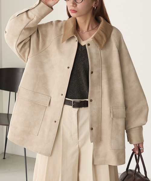 BONLECILL（ボンルシール）の「ラグランスリーブ 襟コーデュロイ エステルピーチカバーオール/ジャケット（カバーオール・レディース・ブラウン/チャコールグレー/アイボリー/ブラック・FREE）」の5枚目の写真