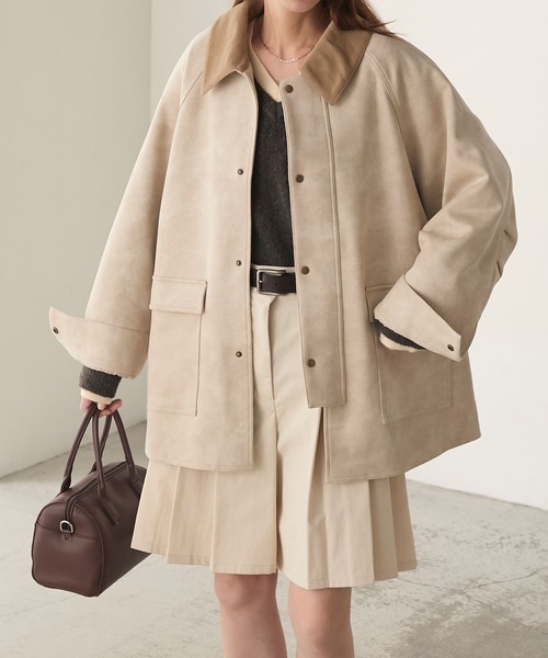 BONLECILL（ボンルシール）の「ラグランスリーブ 襟コーデュロイ エステルピーチカバーオール/ジャケット（カバーオール・レディース・ブラウン/チャコールグレー/アイボリー/ブラック・FREE）」の6枚目の写真