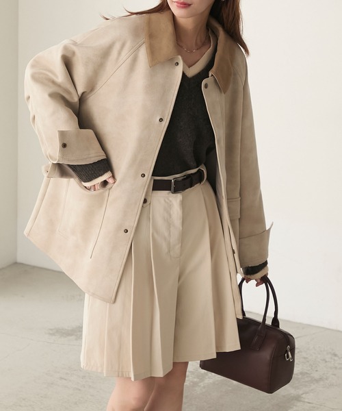 BONLECILL（ボンルシール）の「ラグランスリーブ 襟コーデュロイ エステルピーチカバーオール/ジャケット（カバーオール・レディース・ブラウン/チャコールグレー/アイボリー/ブラック・FREE）」の7枚目の写真