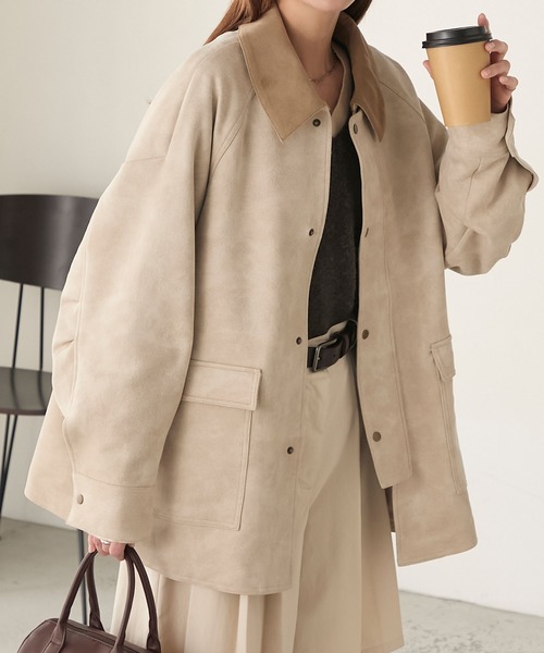 BONLECILL（ボンルシール）の「ラグランスリーブ 襟コーデュロイ エステルピーチカバーオール/ジャケット（カバーオール・レディース・ブラウン/チャコールグレー/アイボリー/ブラック・FREE）」の11枚目の写真