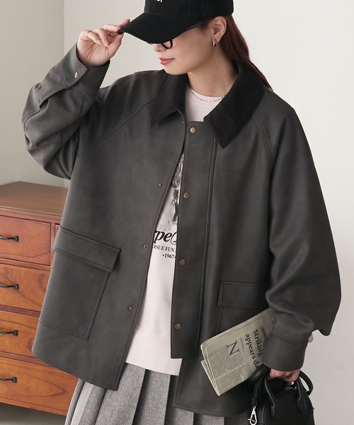 BONLECILL（ボンルシール）の「ラグランスリーブ 襟コーデュロイ エステルピーチカバーオール/ジャケット（カバーオール・レディース・ブラウン/チャコールグレー/アイボリー/ブラック・FREE）」の21枚目の写真