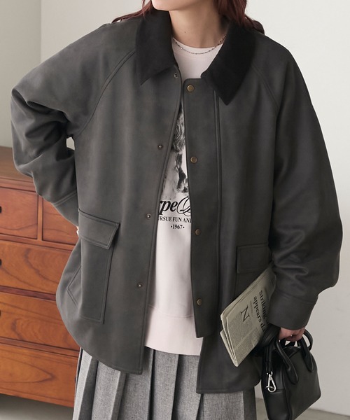 BONLECILL（ボンルシール）の「ラグランスリーブ 襟コーデュロイ エステルピーチカバーオール/ジャケット（カバーオール・レディース・ブラウン/チャコールグレー/アイボリー/ブラック・FREE）」の22枚目の写真