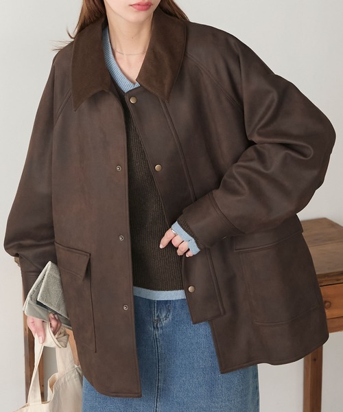 BONLECILL（ボンルシール）の「ラグランスリーブ 襟コーデュロイ エステルピーチカバーオール/ジャケット（カバーオール・レディース・ブラウン/チャコールグレー/アイボリー/ブラック・FREE）」の12枚目の写真