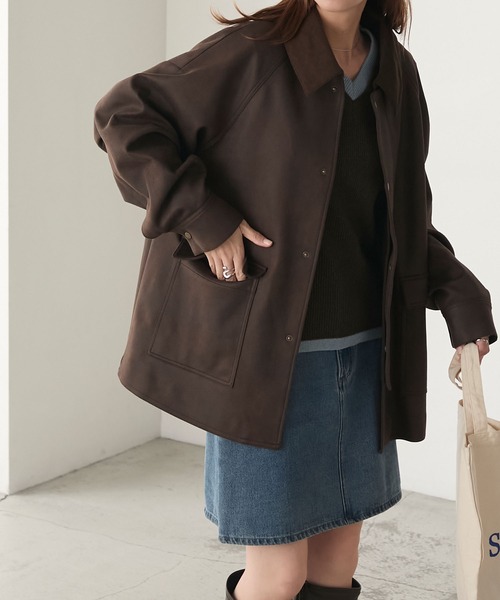 BONLECILL（ボンルシール）の「ラグランスリーブ 襟コーデュロイ エステルピーチカバーオール/ジャケット（カバーオール・レディース・ブラウン/チャコールグレー/アイボリー/ブラック・FREE）」の14枚目の写真