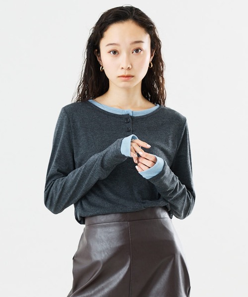 Muscat(マスカット)の「フェイクレイヤードロンT(Tシャツ/カットソー・レディース・チャコールグレー/ライトグレー/ブラウン/オレンジ・F)」の1枚目の写真