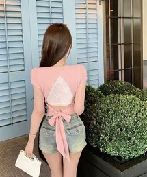 バックオープン リボンデザインTシャツ