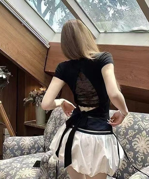 gossip!ロサンゼルス(ゴシップロサンゼルス)の「バックオープン リボンデザインTシャツ(Tシャツ/カットソー・レディース・ピンク/ブラック・M/S)」の9枚目の写真
