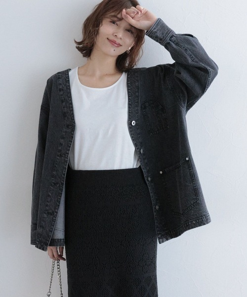 studio CLIP（スタディオクリップ）の「Vネックデニムカバーオール《CLIP denim》（デニムジャケット・レディース・ブラック/ブルー/カーキ・FREE）」の7枚目の写真