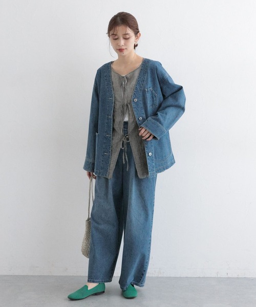 セール】Vネックデニムカバーオール《CLIP denim》（デニムジャケット