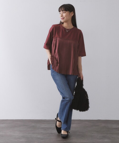 OPAQUE.CLIP（オペークドットクリップ）の「プリーツドッキングカットソー【洗濯機OK】（Tシャツ/カットソー・レディース・ボルドー/ホワイト/チャコール・40/38）」の12枚目の写真