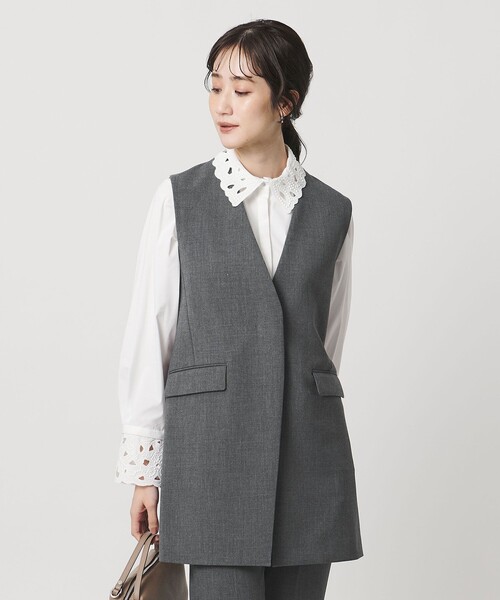 UNITED ARROWS ノーカラーベスト グレー・ホワイト セール】ダブルクロス ベスト ‐ウォッシャブル‐（ベスト）｜UNITED