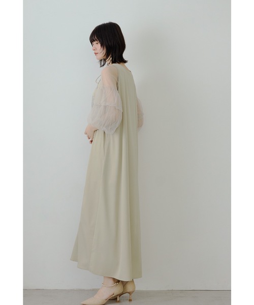 フラワー刺繍Aラインドレス チュール ボリューム袖 マタニティ 妊婦