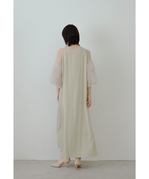 フラワー刺繍Aラインドレス チュール ボリューム袖 マタニティ 妊婦