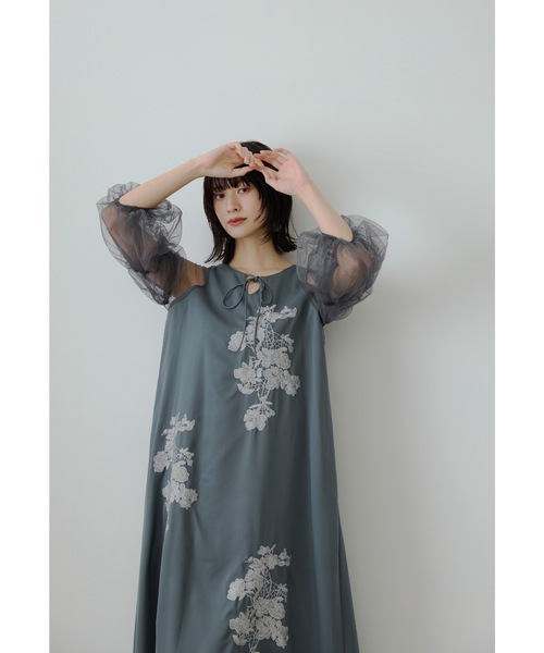 ブラック フラワー刺繍 マキシドレス ショール付き 2WAY線描フラワー刺繍ボレロセットドレス(S ブラック): AIMER | エメ