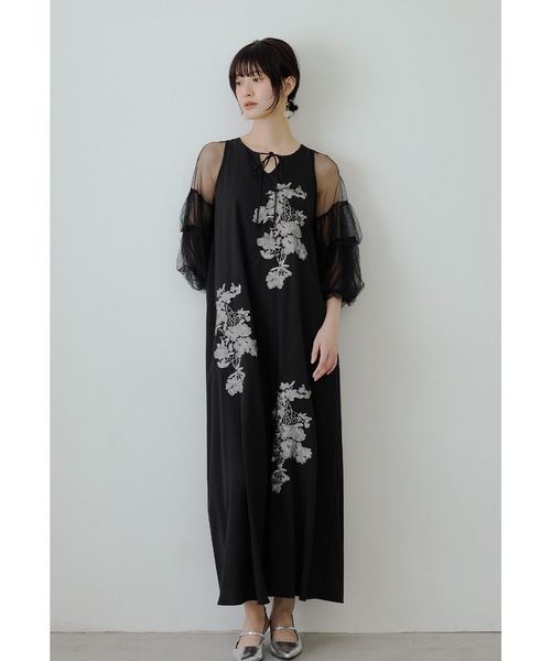フラワー刺繍Aラインドレス チュール ボリューム袖 マタニティ 妊婦