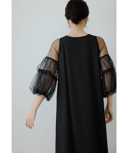 niana フラワー刺繍Aラインドレス チュール ボリューム袖 マタニティ 黒 フラワー刺繍Aラインドレス チュール ボリューム袖 マタニティ 妊婦