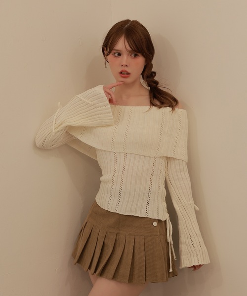 M DOLLY(エムドリー)の「Sleeve ribbon aria knit tops/スリーブリボンアーリアニットトップス(ニット/セーター・レディース・ピンク/アイボリー・FREE)」の3枚目の写真