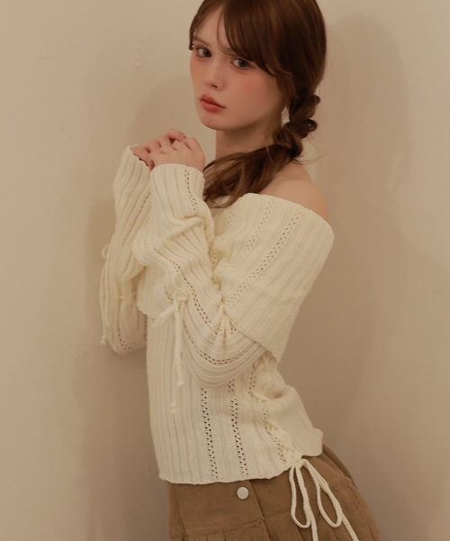 M DOLLY(エムドリー)の「Sleeve ribbon aria knit tops/スリーブリボンアーリアニットトップス(ニット/セーター・レディース・ピンク/アイボリー・FREE)」の5枚目の写真