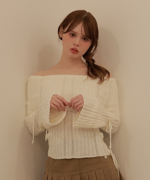 M DOLLY(エムドリー)の「Sleeve ribbon aria knit tops/スリーブリボンアーリアニットトップス(ニット/セーター・レディース・ピンク/アイボリー・FREE)」の6枚目の写真