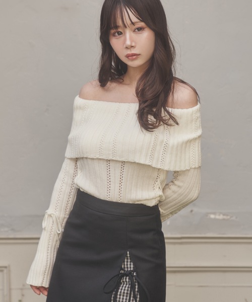 M DOLLY(エムドリー)の「Sleeve ribbon aria knit tops/スリーブリボンアーリアニットトップス(ニット/セーター・レディース・ピンク/アイボリー・FREE)」の12枚目の写真