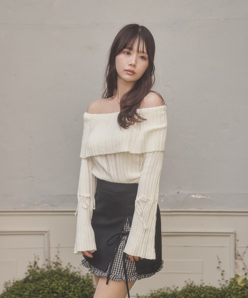 M DOLLY(エムドリー)の「Sleeve ribbon aria knit tops/スリーブリボンアーリアニットトップス(ニット/セーター・レディース・ピンク/アイボリー・FREE)」の13枚目の写真