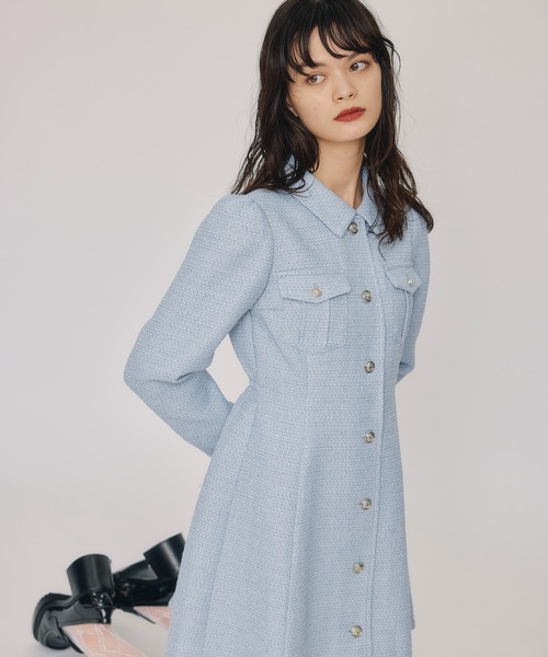 REDYAZEL(レディアゼル)の「エンブレムボタンツイードシャツミニワンピース(ワンピース・レディース・オフホワイト/ボルドー/ネイビー/ブルー/イエロー・MEDIUM/SMALL)」の3枚目の写真